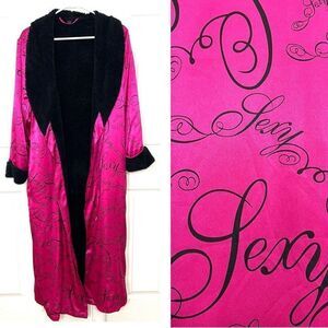 Victoria’s Secret Sexy Line Long Pink Satin Robe Black Fleece Lined RARE Size S